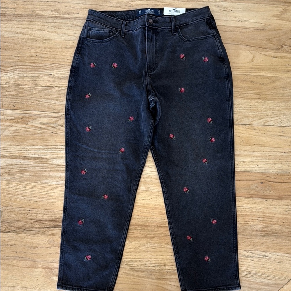 Black Jeans with Red Embroidered Flowers